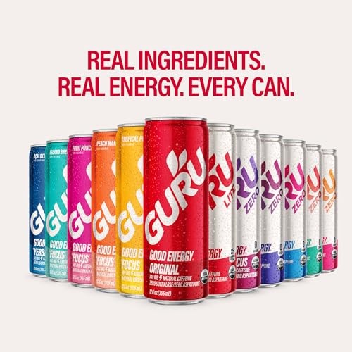 GURU ZERO SUGAR Wild Berry Organic Energy Drink with Plant Based Natural Caffeine from Green Tea, Coconut Water, Prebiotic, Zero Added Sugars, Gluten  thumbnail
