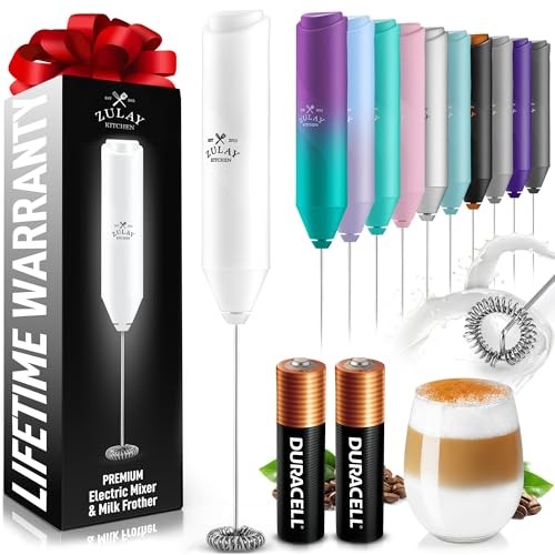 Zulay Kitchen Powerful Milk Frother AA Batteries Included – Ultra Fast Handheld Drink Mixer with Stainless Steel Whisk Stirrer for Coffee, Protein, 