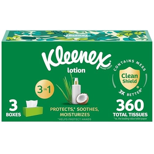 Kleenex Lotion Facial Tissues with Coconut Oil, 3 Flat Boxes, 120 Tissues per Box, 3-Ply