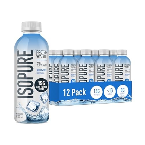 Isopure Clear Protein Water with Electrolytes, 15g Whey Protein Isolate, Zero Sugar, Unflavored, 20 Fl Oz Bottles, 12-Pack