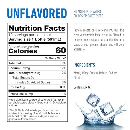 Isopure Clear Protein Water with Electrolytes, 15g Whey Protein Isolate, Zero Sugar, Unflavored, 20 Fl Oz Bottles, 12-Pack thumbnail