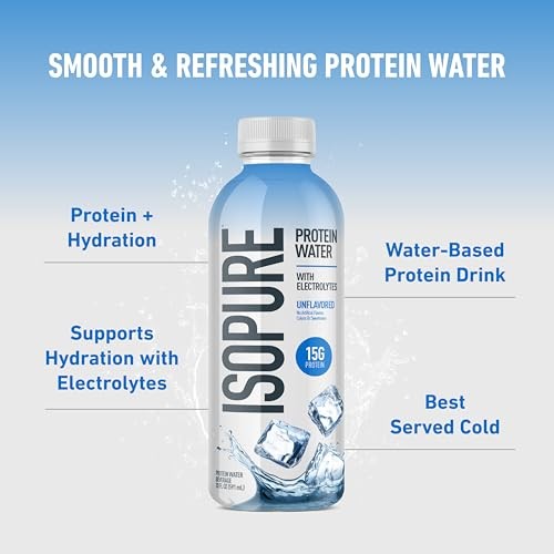 Isopure Clear Protein Water with Electrolytes, 15g Whey Protein Isolate, Zero Sugar, Unflavored, 20 Fl Oz Bottles, 12-Pack thumbnail