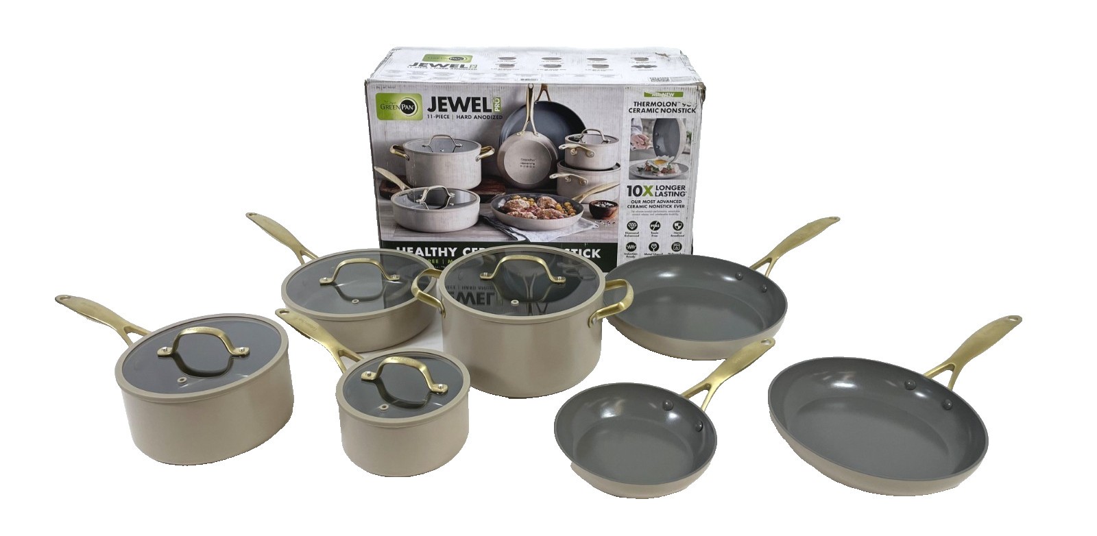 GreenPan Jewel Pro 11-Piece Cookware Set Hard Anodized Nonstick Taupe - CLEAN