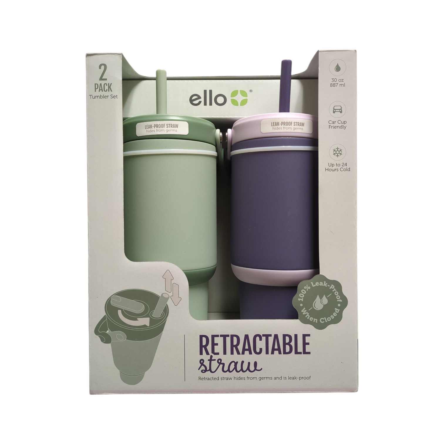 ello oasis go 30oz leak-proof stainless steel tumbler, 2 pack