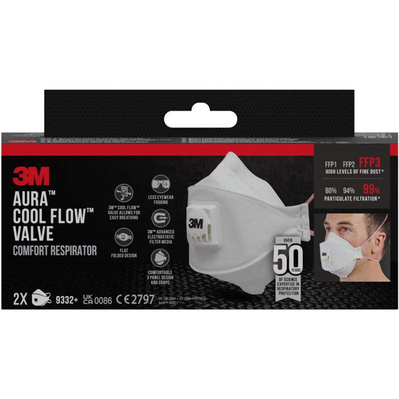 Lot De 3 Masques Anti-particules Confortable 3m™ Aura™ Série 9332+ Avec Valve Cool Flow™, Ffp3