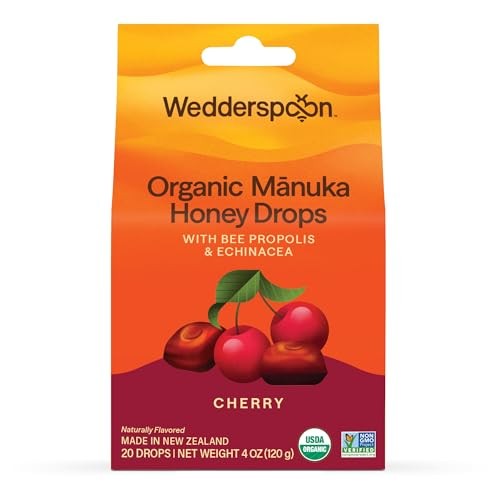 Wedderspoon Organic Mānuka Honey Drops, Cherry, Bee Propolis & Echinacea, 20 Count, USDA Organic, Genuine New Zealand Honey, Natural Remedy for Dry T
