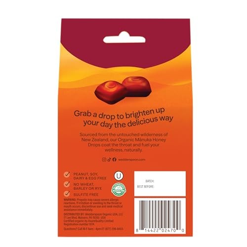 Wedderspoon Organic Mānuka Honey Drops, Cherry, Bee Propolis & Echinacea, 20 Count, USDA Organic, Genuine New Zealand Honey, Natural Remedy for Dry T thumbnail