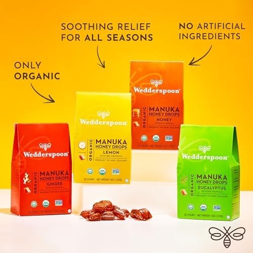 Wedderspoon Organic Mānuka Honey Drops, Cherry, Bee Propolis & Echinacea, 20 Count, USDA Organic, Genuine New Zealand Honey, Natural Remedy for Dry T thumbnail