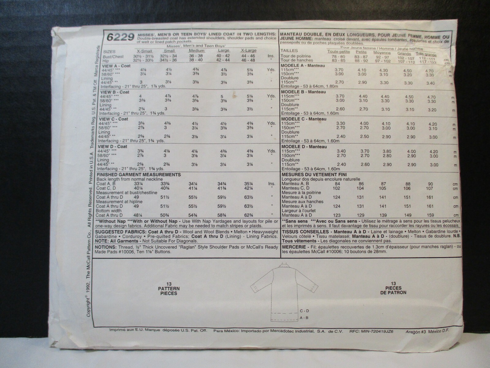McCall's Pattern 6229 Miss Men Teen Boys Size M (36, 38) Lined Coat Two Lengths thumbnail