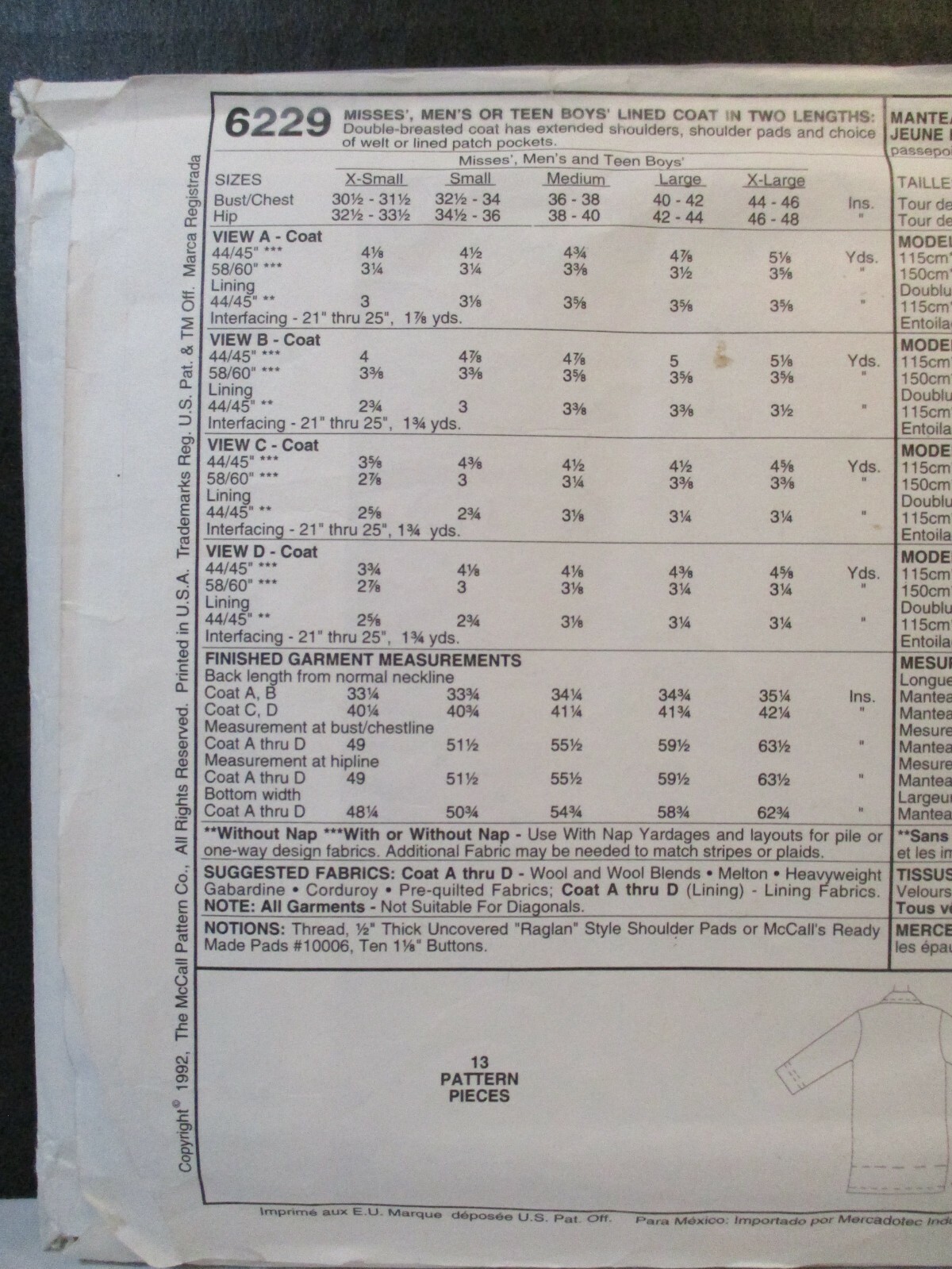 McCall's Pattern 6229 Miss Men Teen Boys Size M (36, 38) Lined Coat Two Lengths thumbnail