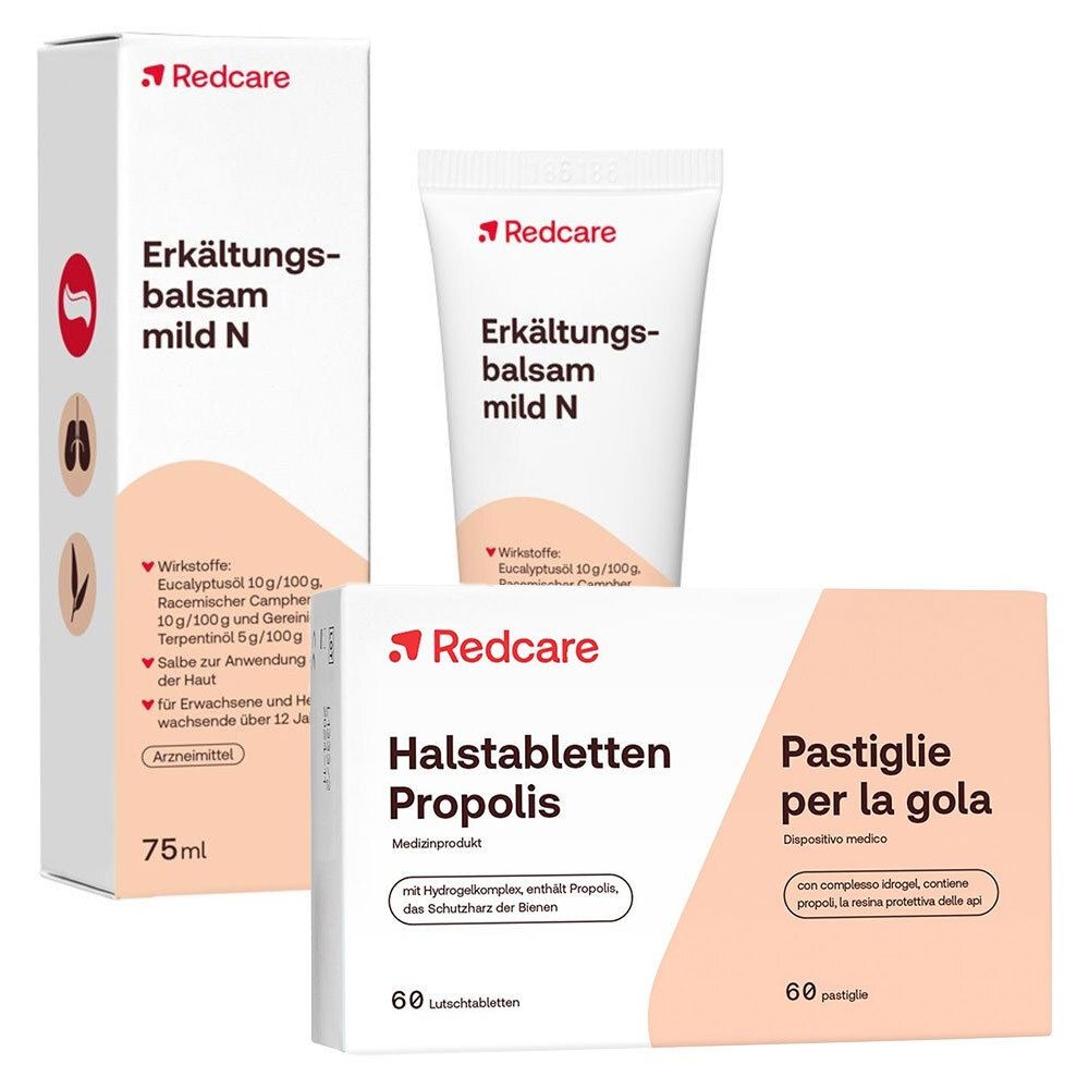 Redcare Halsschmerz-Spray + Redcare Halstabletten Propolis + Redcare Erkältungsbalsam Mild N