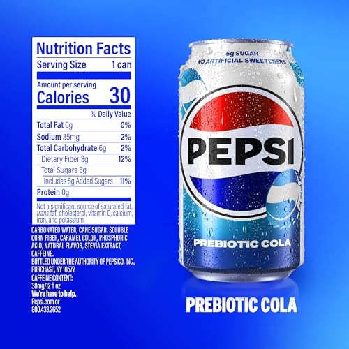 Pepsi Prebiotic Cola, 12 Fl Oz Can, 30 Calories, 5g Prebiotic Fiber, 5g Sugar, Soda Pop thumbnail