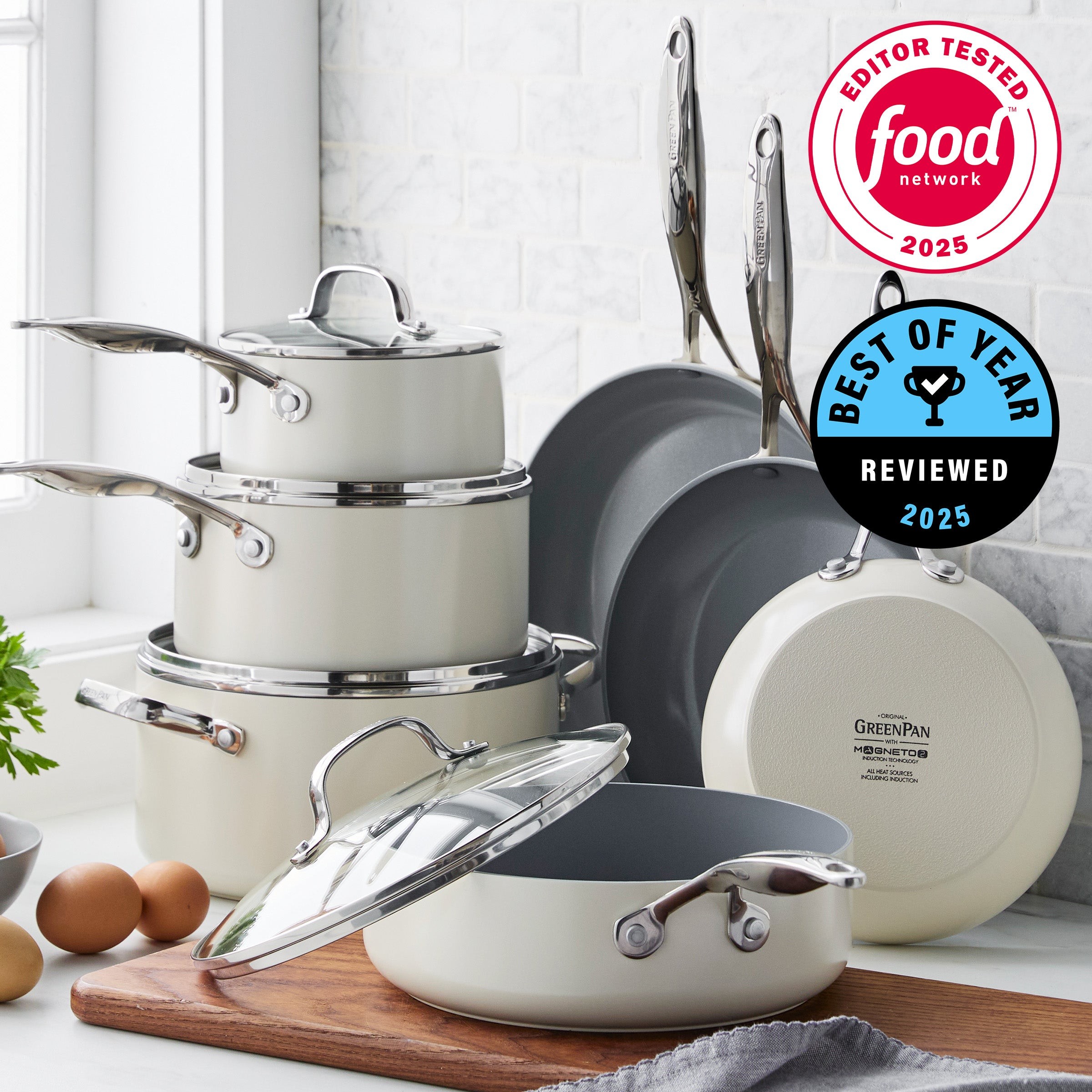 GreenPan Valencia Pro Ceramic Nonstick 11-Piece Cookware Set | Cream