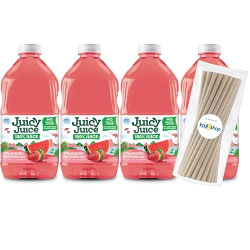 Juicy Juice Strawberry Watermelon 100% Juice Vitamin C No Sugar Added 64 Fl Oz Plastic Bottle 4 Pack + 15 Sugarcane Disposable Straws by KOOL8SHOP Inf