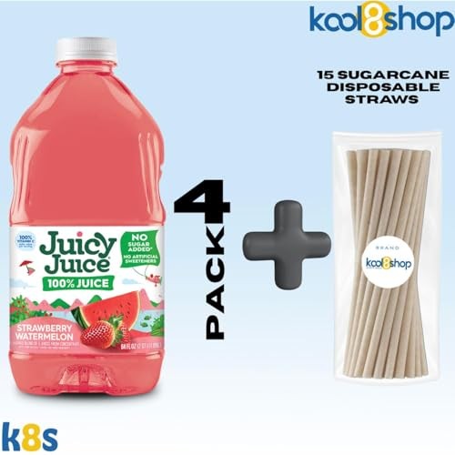 Juicy Juice Strawberry Watermelon 100% Juice Vitamin C No Sugar Added 64 Fl Oz Plastic Bottle 4 Pack + 15 Sugarcane Disposable Straws by KOOL8SHOP Inf thumbnail