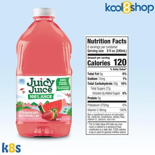 Juicy Juice Strawberry Watermelon 100% Juice Vitamin C No Sugar Added 64 Fl Oz Plastic Bottle 4 Pack + 15 Sugarcane Disposable Straws by KOOL8SHOP Inf thumbnail
