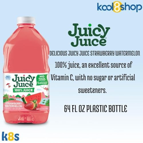 Juicy Juice Strawberry Watermelon 100% Juice Vitamin C No Sugar Added 64 Fl Oz Plastic Bottle 4 Pack + 15 Sugarcane Disposable Straws by KOOL8SHOP Inf thumbnail