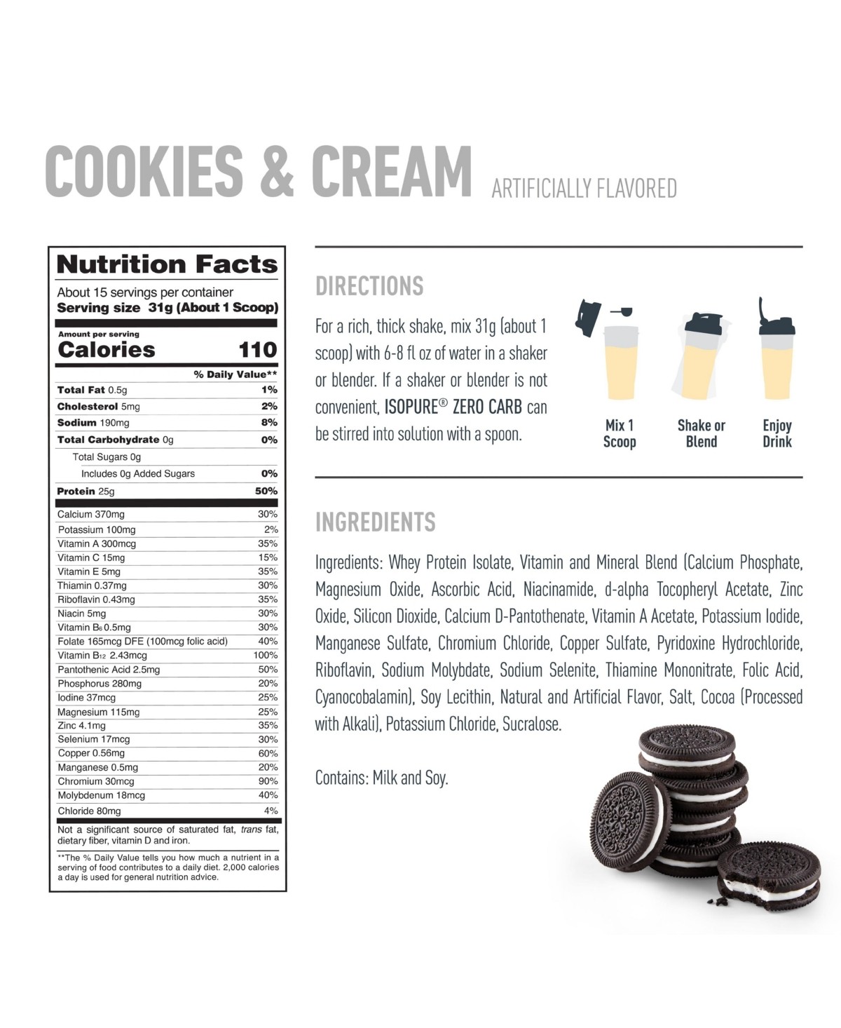 Isopure Zero Carb 100% Pure Whey Isolate Protein Powder - Cookies & Cream - 25g Protein - 15 Servings - 1.02lbs thumbnail
