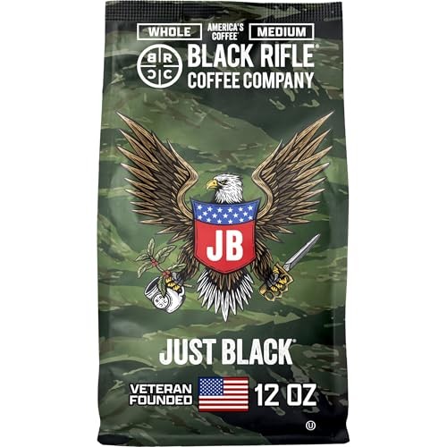 Black Rifle Coffee Company Just Black, 12oz Bag, Whole Bean Medium Roast - Roasted Blend Made from Arabica Beans - Colombian & Brazilian Beans - Veter