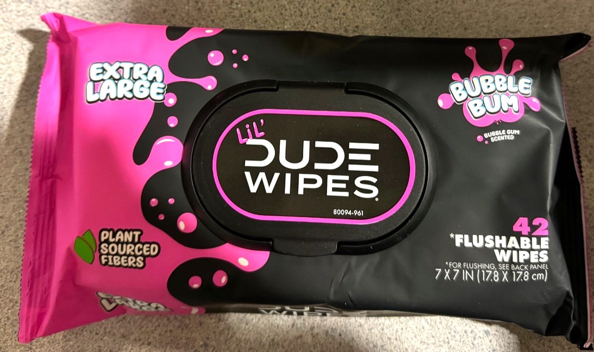 Lil' Dude Wipes Bubble Bum Flushable Wet Wipe for Kids Bubble Gum Scent 42 Count thumbnail