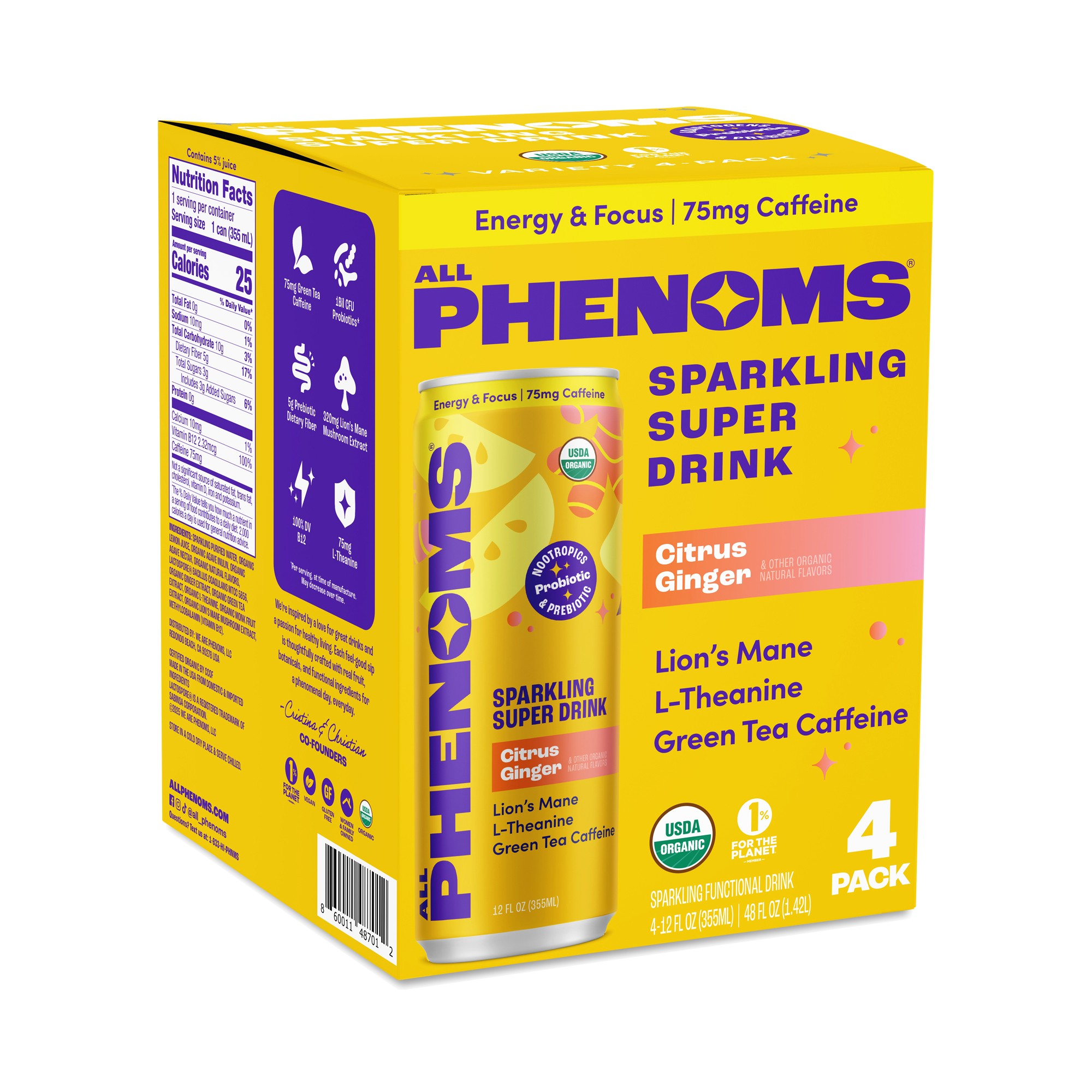 All Phenoms Energy & Focus Sparkling Super Drink, Citrus Ginger 4 Cans (12 Fl Oz Each)