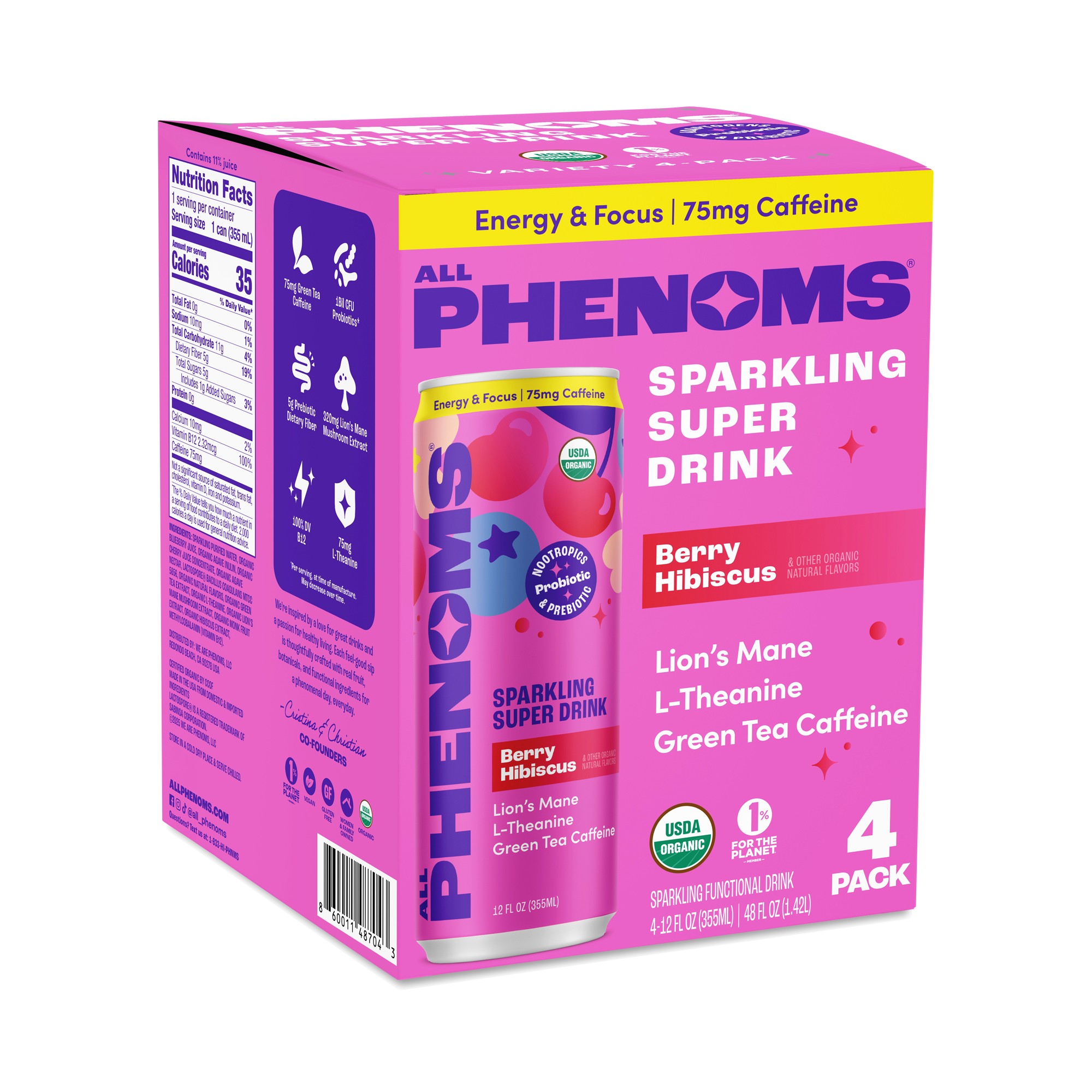 All Phenoms Energy & Focus Sparkling Super Drink, Berry Hibiscus 4 Cans (12 Fl Oz Each)