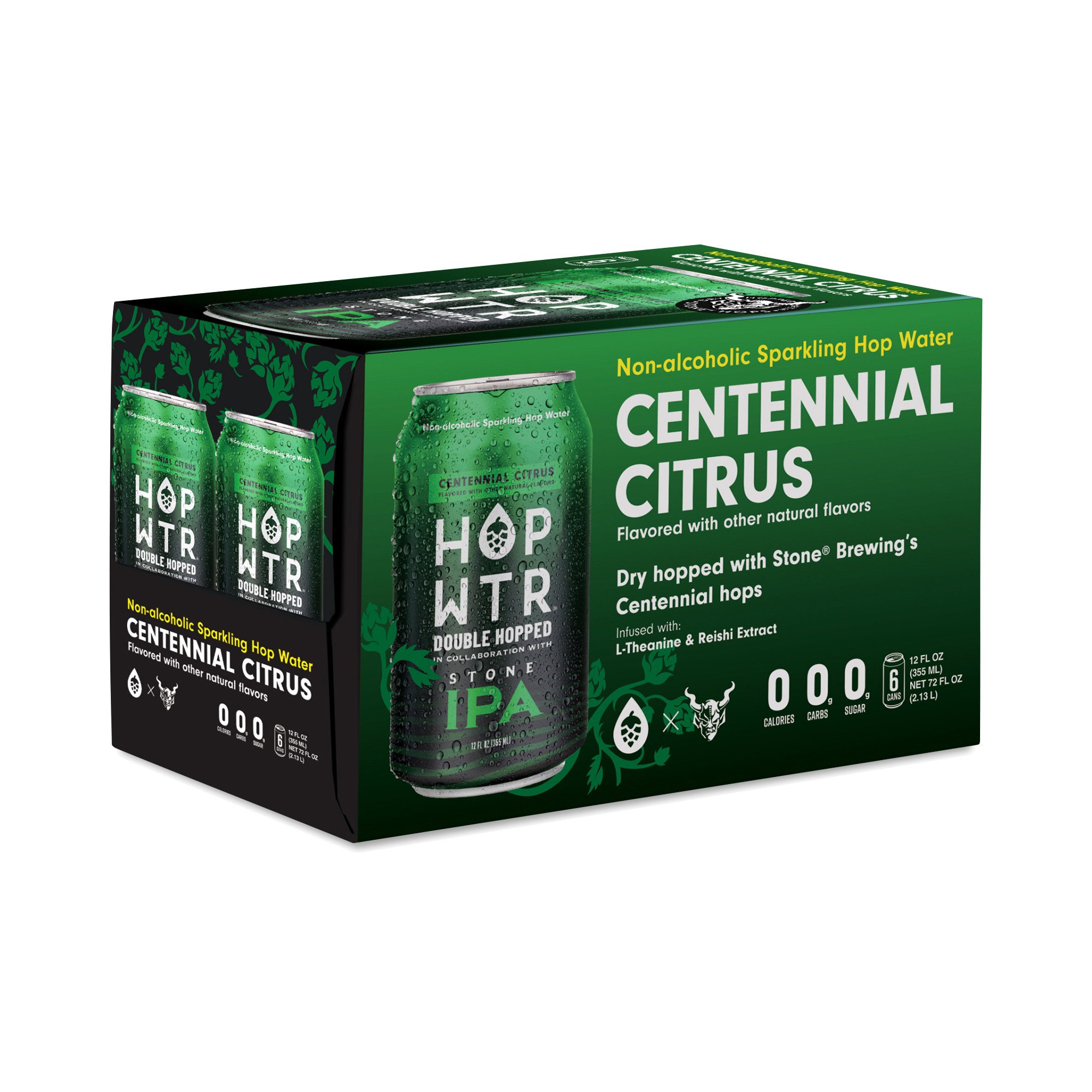 HOP WTR Non-Alcoholic Sparkling Hop Water, Double Hopped with Stone IPA 6 Cans (12 Fl Oz Each)