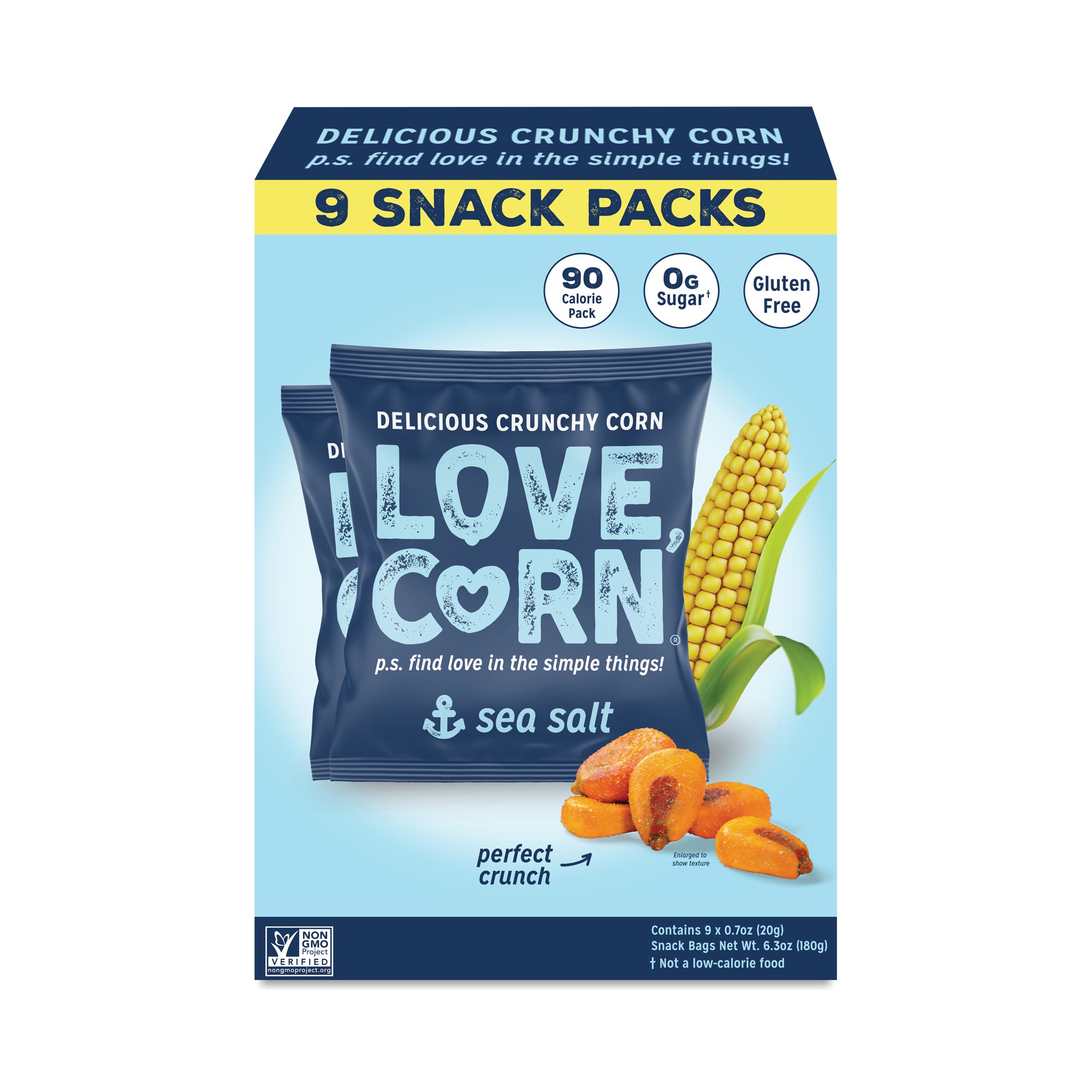 Love Corn Crunchy Corn, Sea Salt, Snack Packs 9 Snack Bags (0.7 Oz Each)
