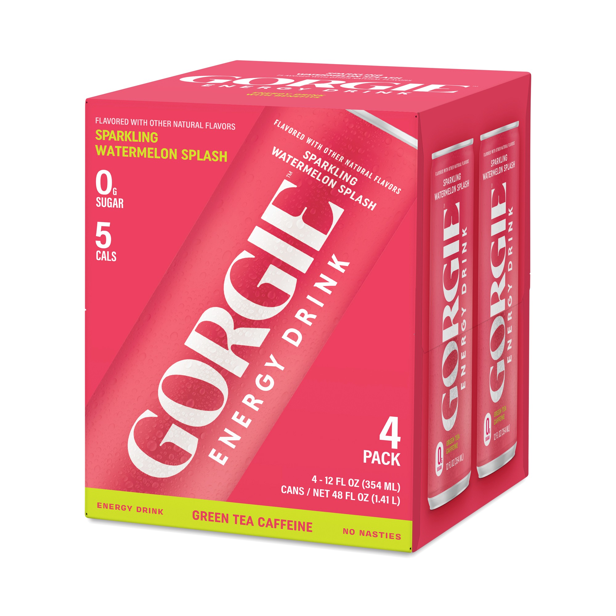 GORGIE Sparkling Energy Drink, Watermelon Splash 4 Cans (12 Fl Oz Each)