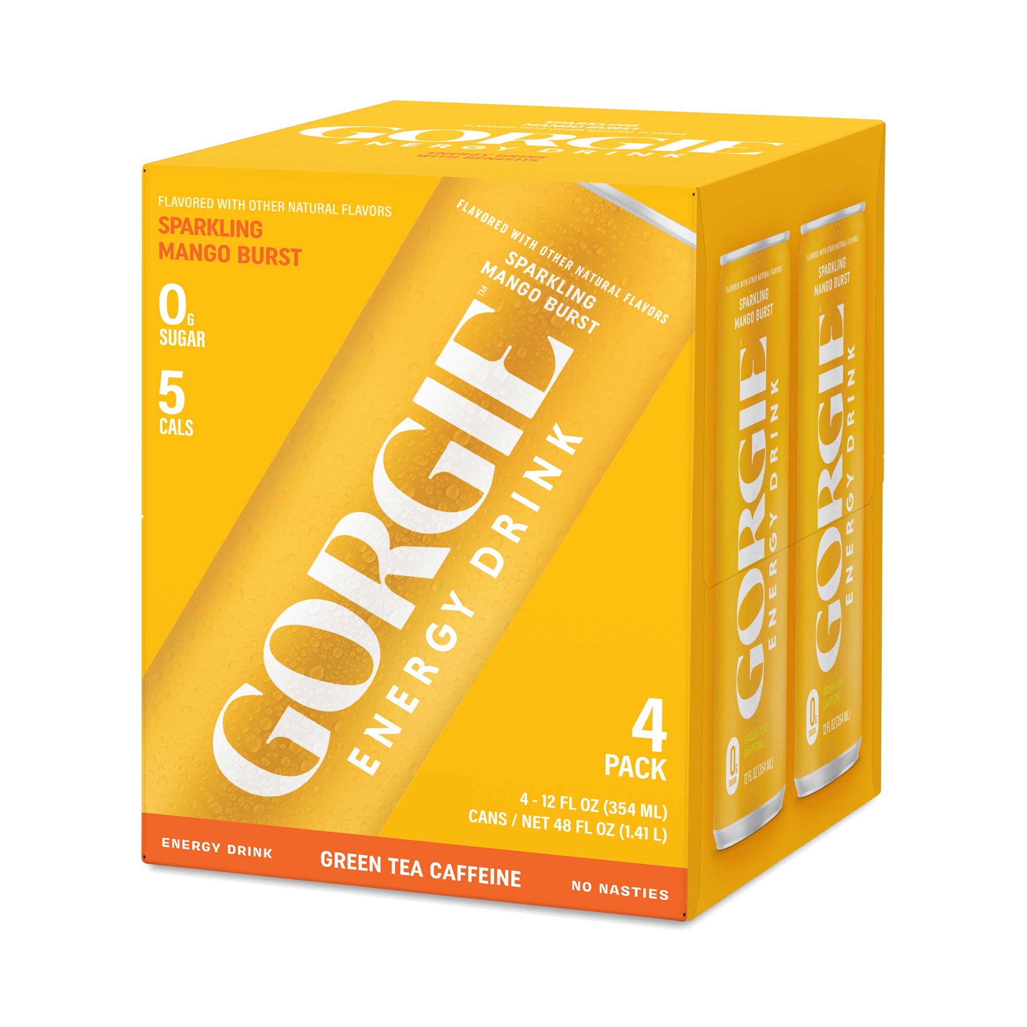 GORGIE Sparkling Energy Drink, Mango Burst 4 Cans (12 Fl Oz Each)