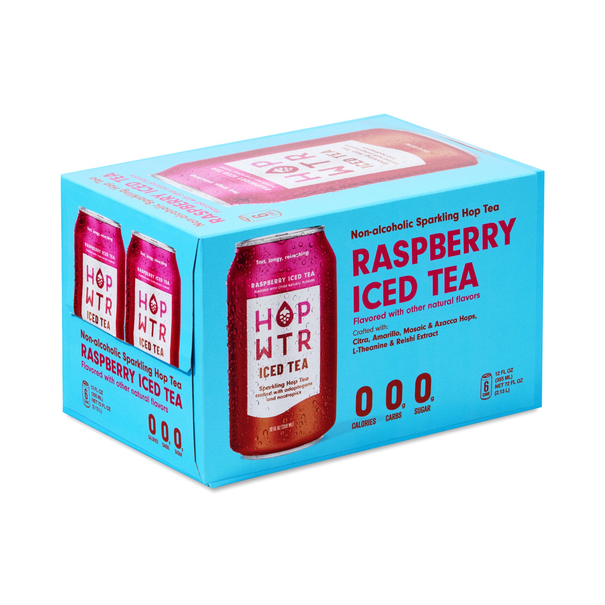 HOP WTR Non-Alcoholic Sparkling Hop Tea, Raspberry Iced Tea 6 Cans (12 Fl Oz Each)