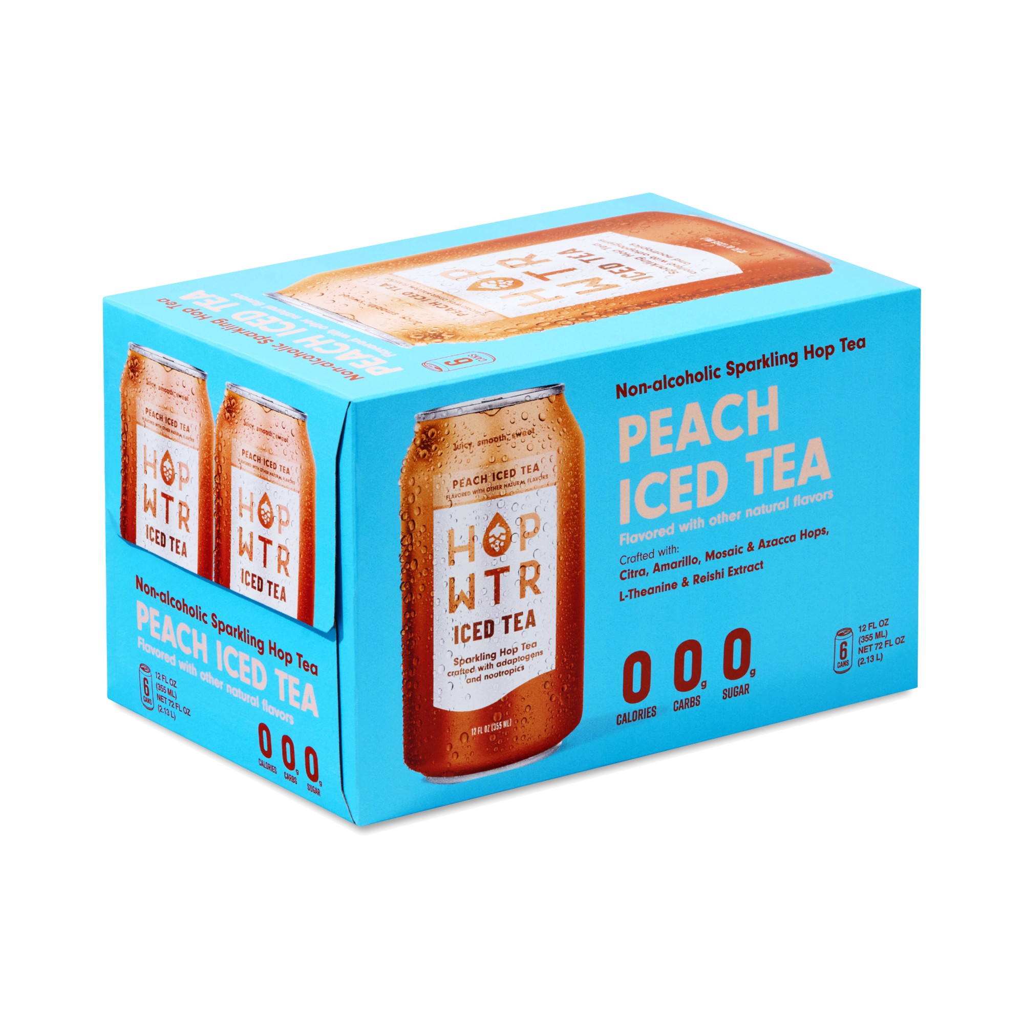 HOP WTR Non-Alcoholic Sparkling Hop Tea, Peach Iced Tea 6 Cans (12 Fl Oz Each)