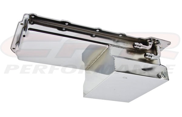 CFR-9734-C Steel Chevy GM LS Engines Oil Pan 7 Qt. 90 Deg Fitting, Chrome - BOP-1
