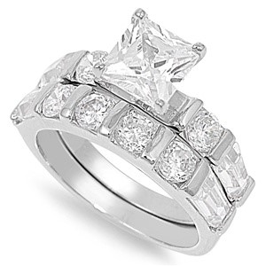 Sterling Silver Engagement Ring and Matching Wedding Band with Princess Cut Cubic Zirconia Center Stone, 5mm, Size 7