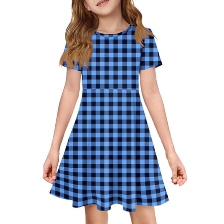 CCRFTGI Dresses for Kids Girls 10-12 Basic Short Sleeve Summer a Line Skater Dress Funny Buffalo Plaid Dresses Party Girls Fashion Blue 5-6 Years