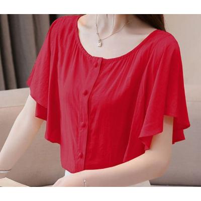 Costbuys Blouse Shirts Off-Shoulder Tops Top-Button Butterfly-Sleeve Chiffon Solid 3439-50 Womens Short