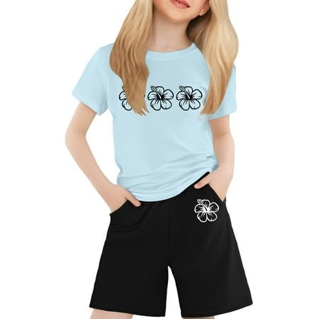 Gaexia Girls Summer Outfits Size 14-16 Round Neck Print Short Sleeve Clothes Cotton Outfits Short Sport T-Shirt and Shorts Set 2 Piece Clothes Set Chi