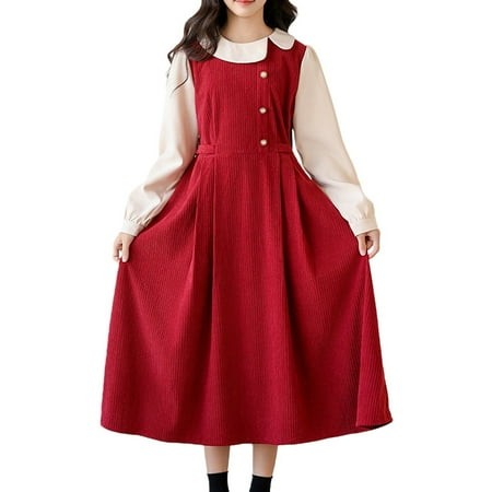 XXWXYD Girls Spring Long Sleeve Button Down Dress 𝖱uffle 𝖯eter Pan Collar Elastic High Waist Swing Princess Par𝗍y Casual Dress 5-16 Years Chi