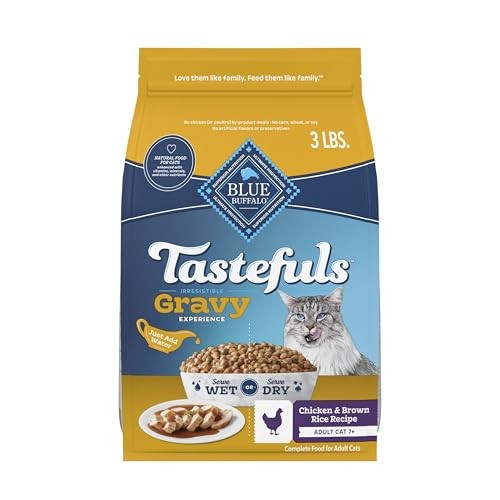 Blue Buffalo Tastefuls Irresistible Gravy Experience Adult Cat 7+ Dry Food, Chicken & Brown Rice Recipe, 3-lb. Bag