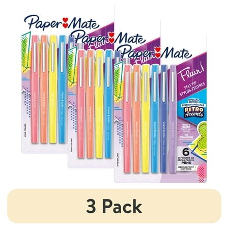 (3 Pack) Paper Mate Flair Felt Tip Pens  Medium Point (0.7mm)  Special Edition Retro Accents  Assorted Colors  6 Count