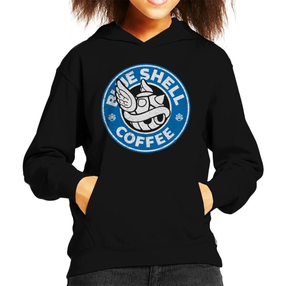 (X-Large (12-13 Yrs), Black) Blue Shell Coffee Starbucks Logo Parody Kid's Hooded Sweatshirt