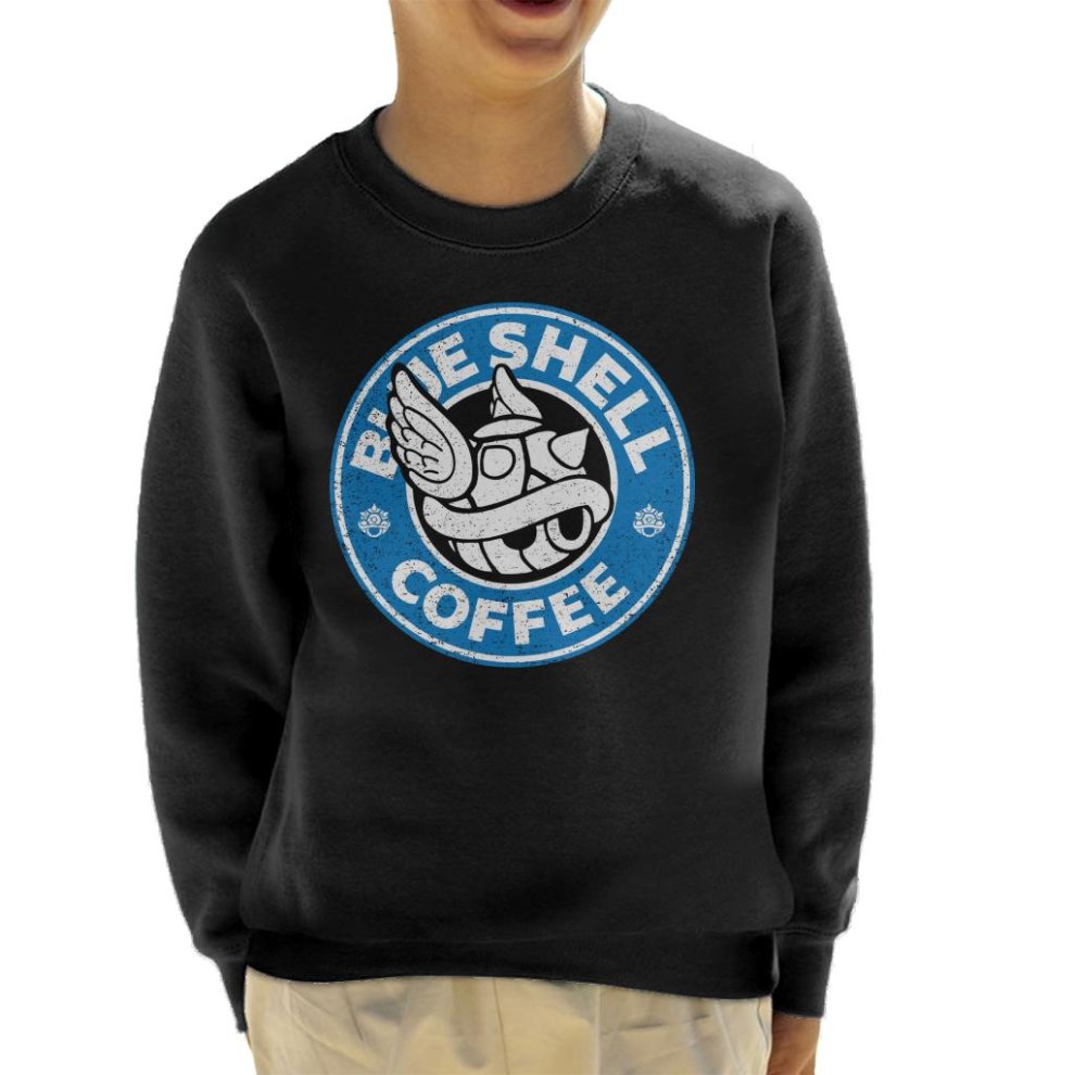 (X-Large (12-13 Yrs), Black) Blue Shell Coffee Starbucks Logo Parody Kid's Sweatshirt