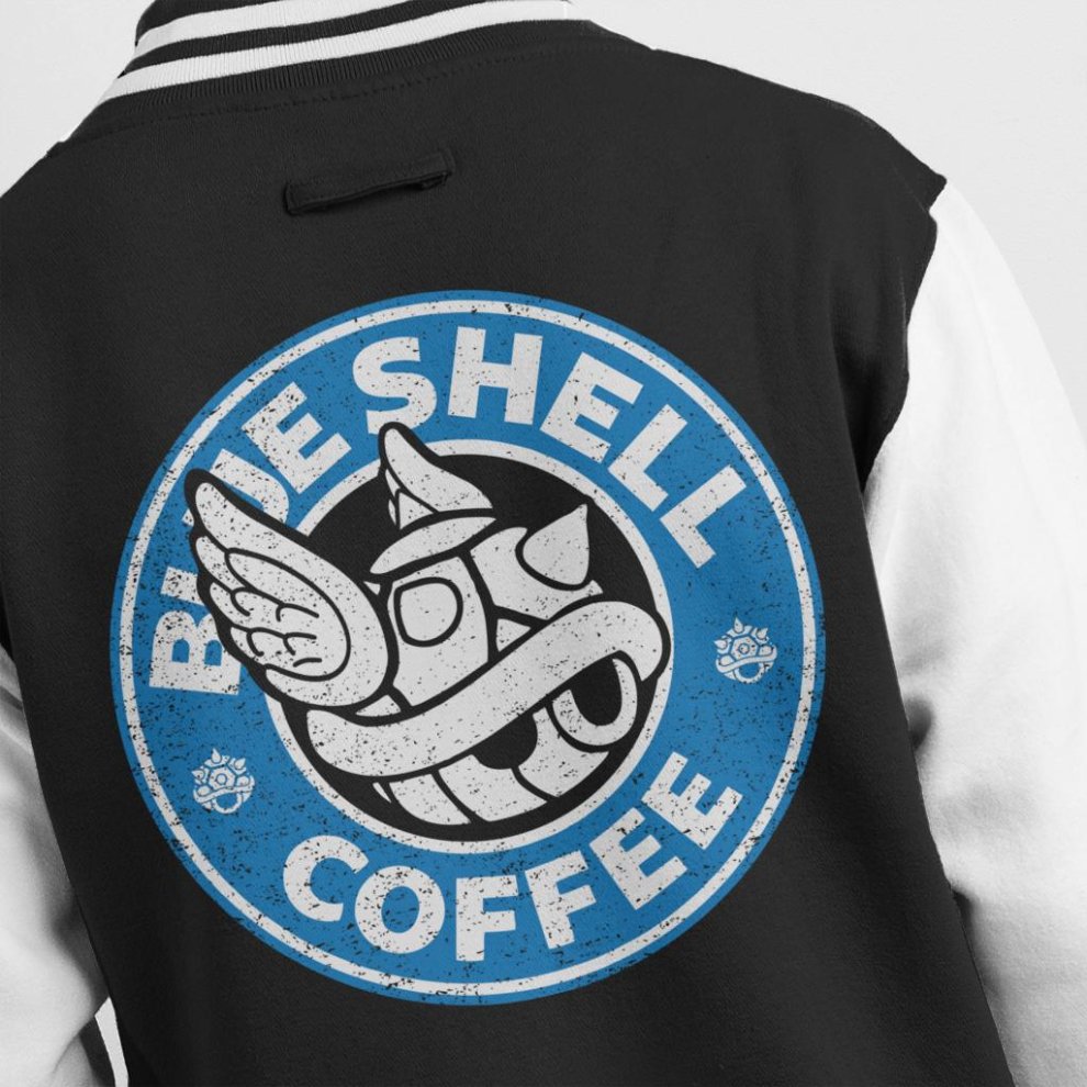 (X-Large (12-13 Yrs)) Blue Shell Coffee Starbucks Logo Parody Kid's Varsity Jacket thumbnail
