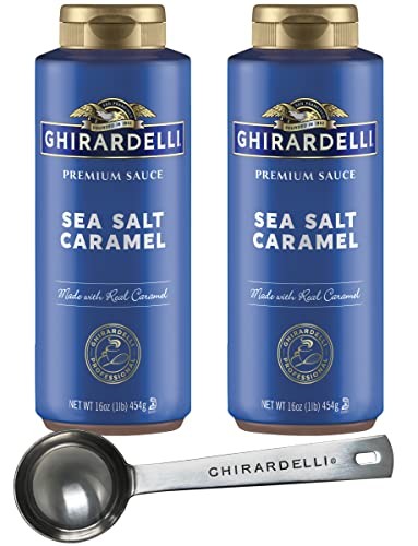 Ghirardelli Sea Salt Caramel Premium Sauce 16 Oz Squeeze Bottle (Pack of 2) with Ghirardelli Stamped Barista Spoon