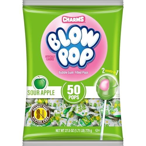 Charms Blow Pop Single Flavor Bag - Sour Apple Flavored Lollipops with a Bubble Gum Center - Individually Wrapped Hard Candy - Green Candy - Peanut Fr