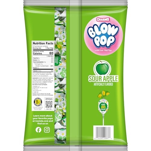 Charms Blow Pop Single Flavor Bag - Sour Apple Flavored Lollipops with a Bubble Gum Center - Individually Wrapped Hard Candy - Green Candy - Peanut Fr thumbnail