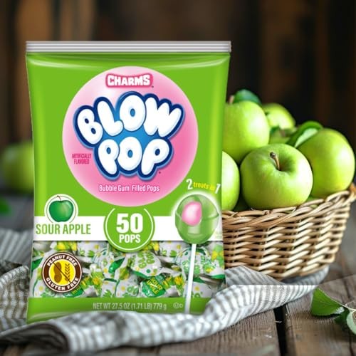 Charms Blow Pop Single Flavor Bag - Sour Apple Flavored Lollipops with a Bubble Gum Center - Individually Wrapped Hard Candy - Green Candy - Peanut Fr thumbnail