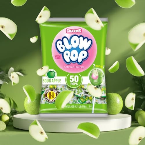 Charms Blow Pop Single Flavor Bag - Sour Apple Flavored Lollipops with a Bubble Gum Center - Individually Wrapped Hard Candy - Green Candy - Peanut Fr thumbnail