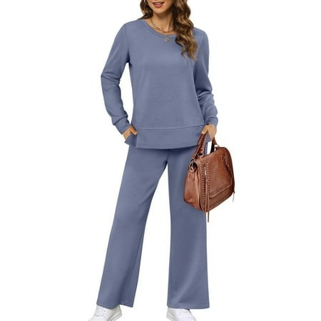 ronuti women s 2 piece lounge sets side slit sweatshirt wide leg tracksuit comfy cozy loungewear casual travel fashion sweatsuit
