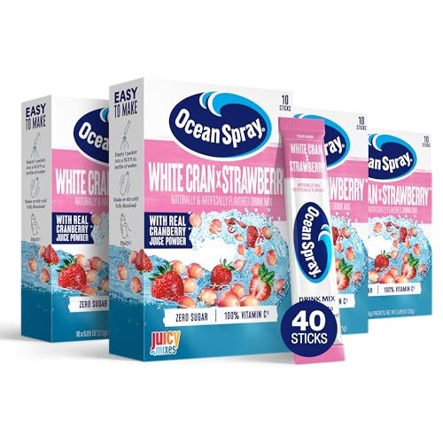 Ocean Spray® White Cran-Strawberry™ Zero Sugar Powder Drink Mix Packets with Real Cranberry Juice Powder, 100% Vitamin C, No Synthetic Dyes, Juicy 